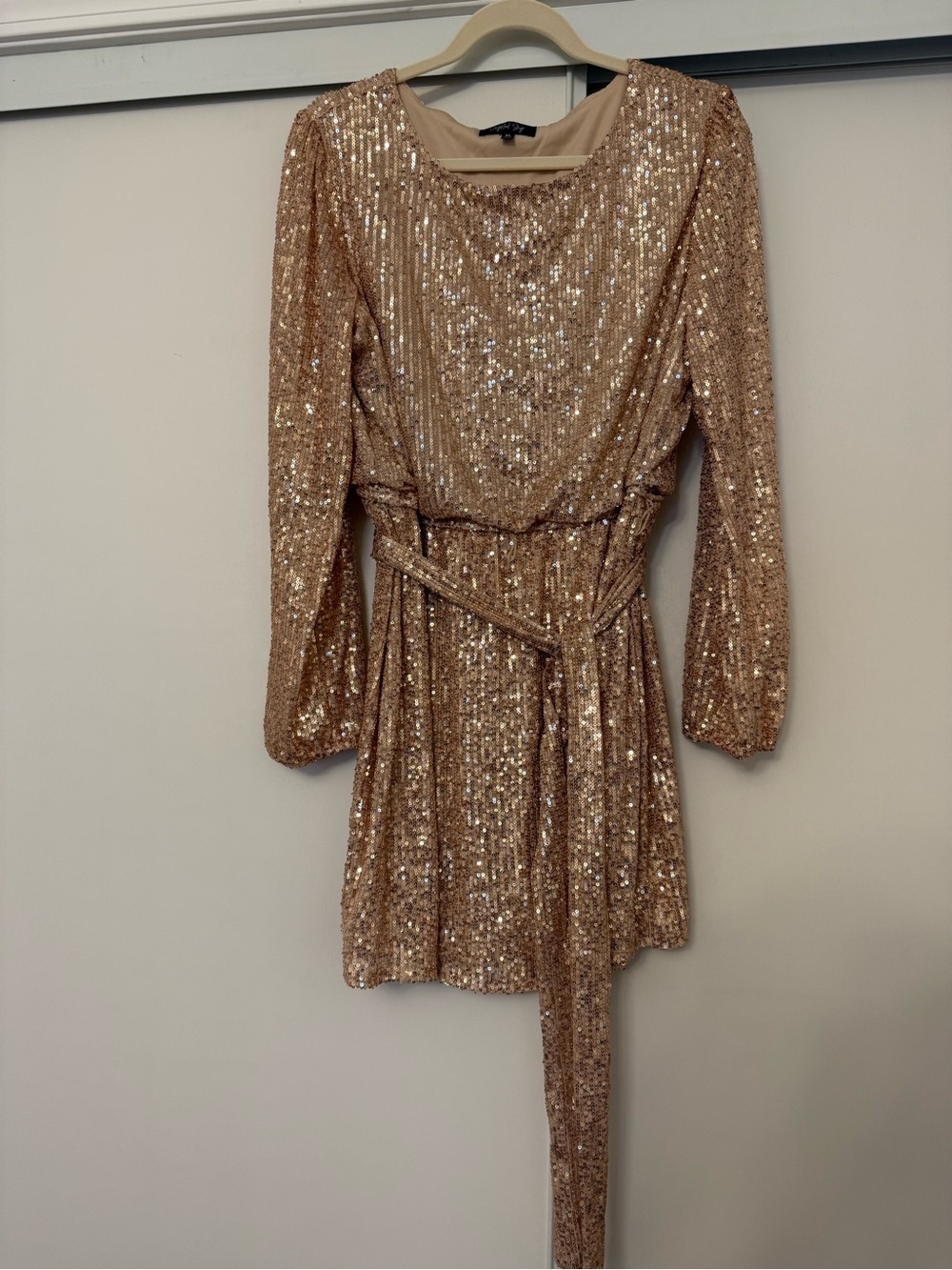 Sequin Long-Sleeve Belted Mini Dress in Rose Gold